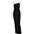 One Shoulder Rhinestone Strap Ruched Bodycon Maxi Gown
