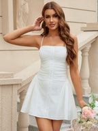 Ruched Embellished Button Backless Cami Dress