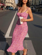 Ditsy Floral Print Ruffle Strap Ruched Sweetheart Midi Dress