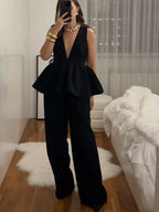 Ruffled Hem Deep V-neck Harem Office Two Piece Set