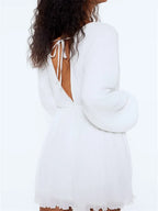Plissé Deep V-Neck Bell Sleeve Empire Waist Mini Dress