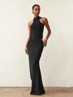 Satin Mock Neck Halter Bodycon Mini Dress Wrap Drape Cutout Maxi Dress