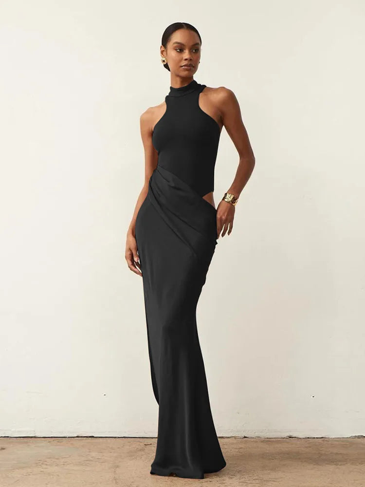 Satin Mock Neck Halter Bodycon Mini Dress Wrap Drape Cutout Maxi Dress