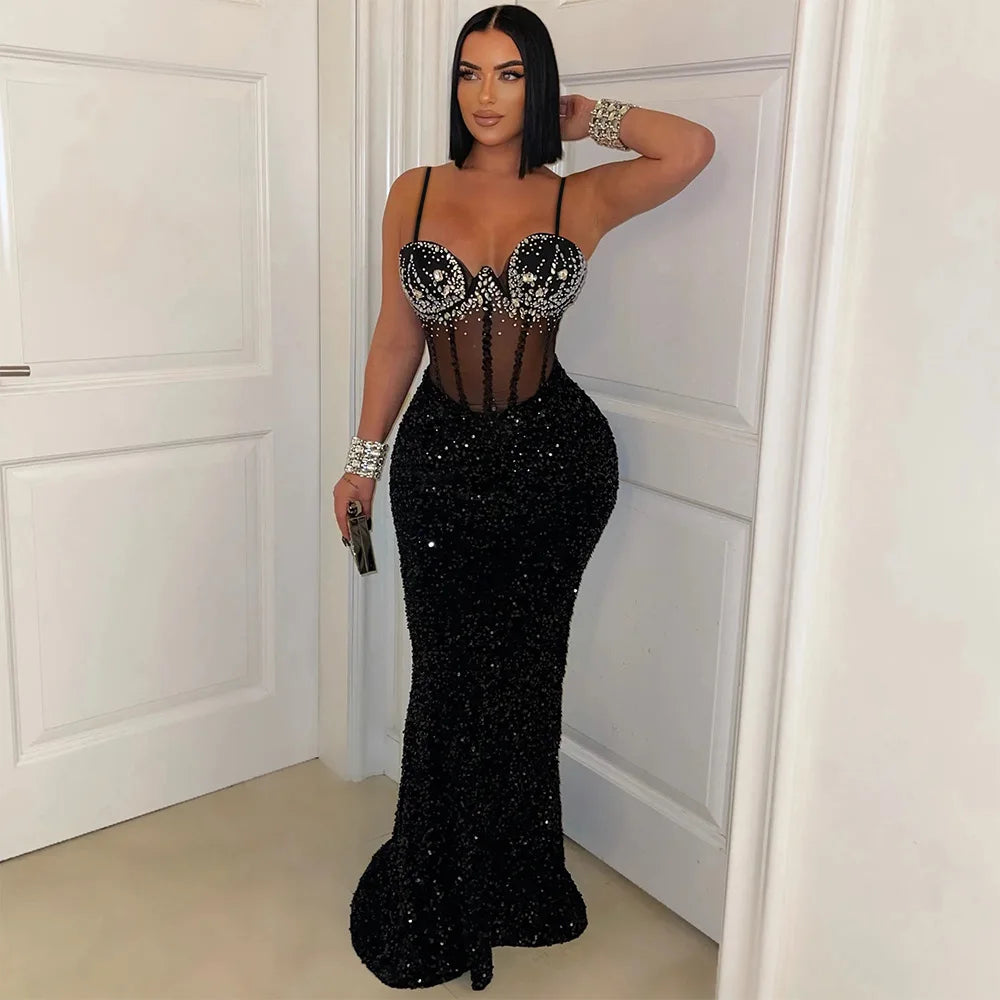 Rhinestone Corset Sweetheart Sequin Mermaid Column Maxi Gown