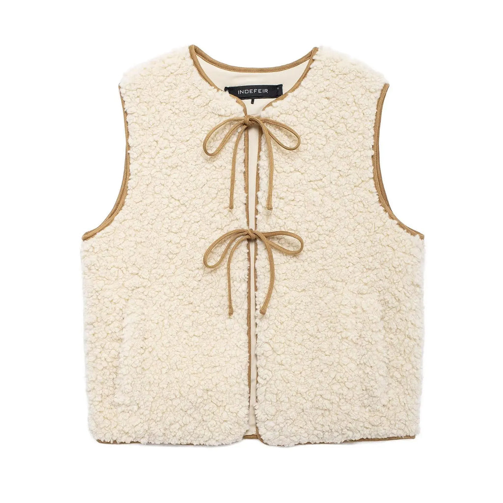 Winter New Solid Fleece Vest Jacket Women 2025 Round Neck Lace-up Sleeveless Jackets Simple Casual Fashion Waistcoat Outerwear