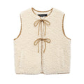 Winter New Solid Fleece Vest Jacket Women 2025 Round Neck Lace-up Sleeveless Jackets Simple Casual Fashion Waistcoat Outerwear