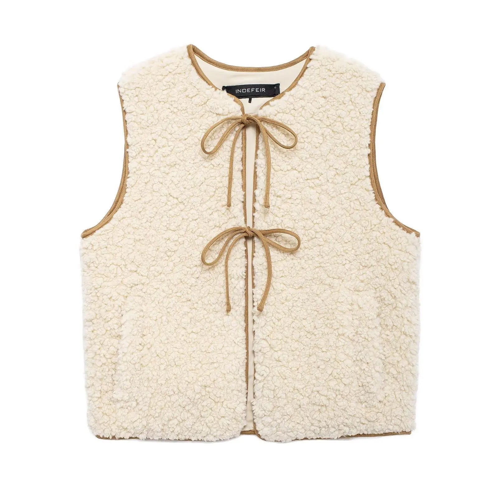 Winter New Solid Fleece Vest Jacket Women 2025 Round Neck Lace-up Sleeveless Jackets Simple Casual Fashion Waistcoat Outerwear