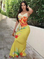 Large Scale Floral Print Cowl Neck Spaghetti Strap Satin Slip Maxi Dress