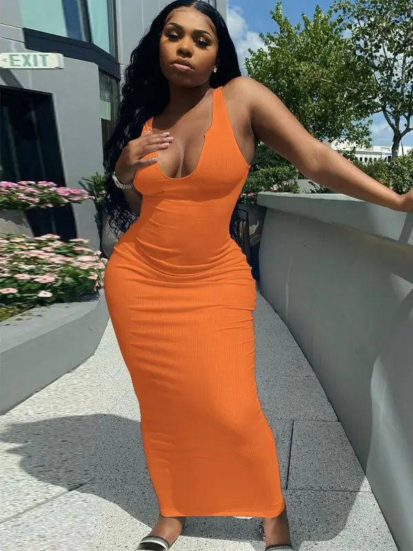 Ribbed Knit Deep Scoop Neck Tank Bodycon Maxi Dress