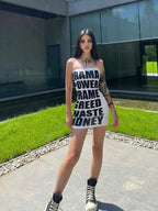 Graphic Text Print Strapless Bodycon Mini Dress