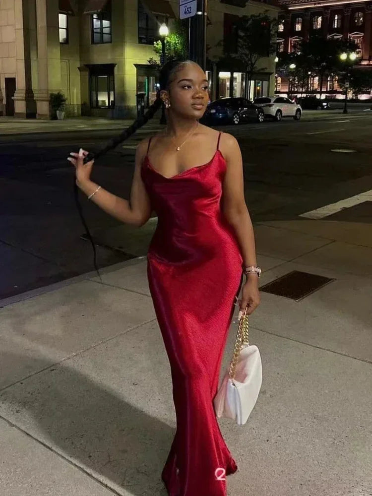 Satin Cowl Neck Spaghetti Strap Slip Maxi Gown