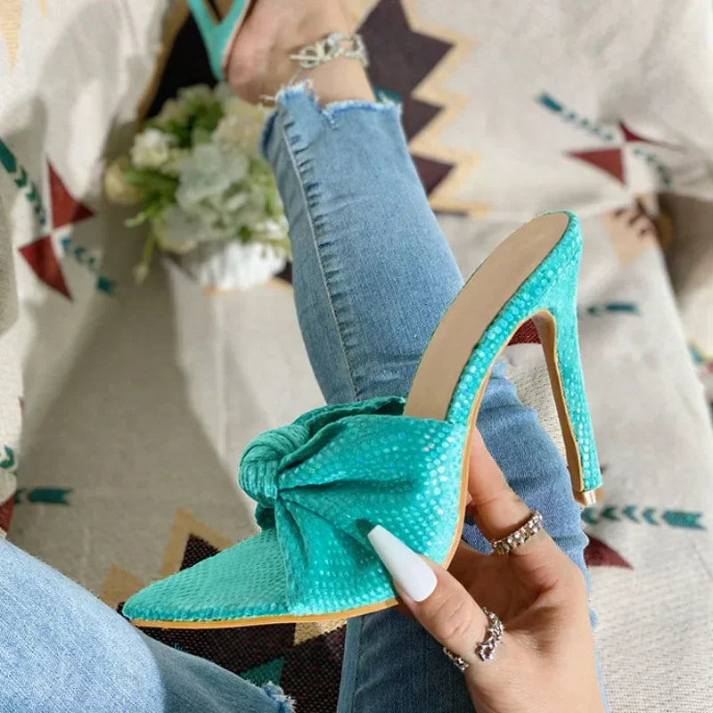 Summer Design Sexy Pleated Pointed Toe Women Slippers with Thin High Heels