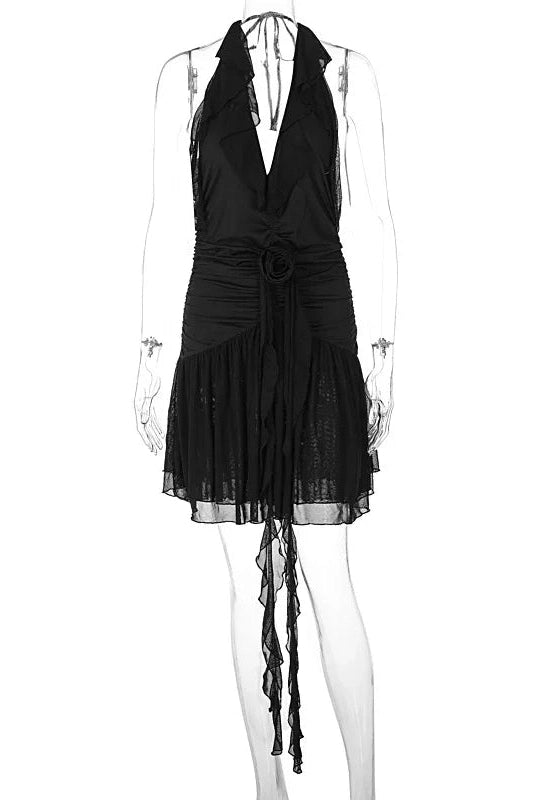 Lace-Up Backless Mini Dress with Deep V-Neck and High Waist