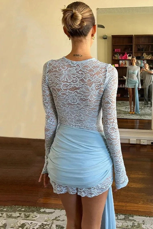 Pleated O-Neck Long Sleeve Mini Dress with See-Through Detail