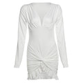 Autumn Cross Ruffle Trim Mini Dress Simple Solid V-neck Ruched Full Sleeve Body-shaping Frock Female Classic Street Vestido
