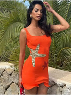 Starfish Applique Scalloped Hem Spaghetti Strap Bodycon Mini Dress