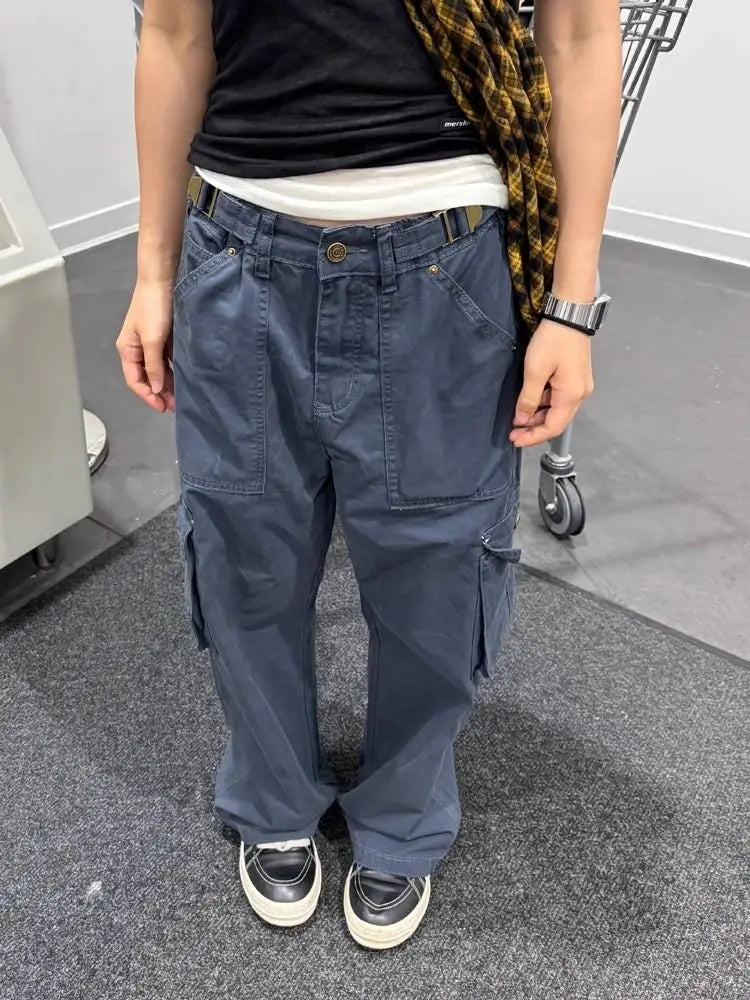 American Retro Multi Pocket Jeans for Women Y2k High Waist Loose Wide Leg Pants Early Autumn New Straight Trousers