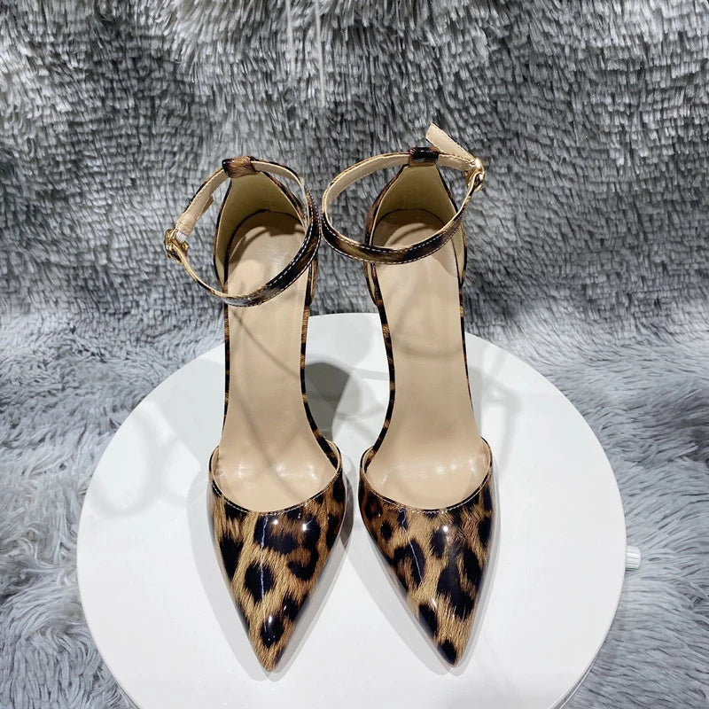 Leopard Pointy Toe High Heel Ankle Strap Shoes for Summer