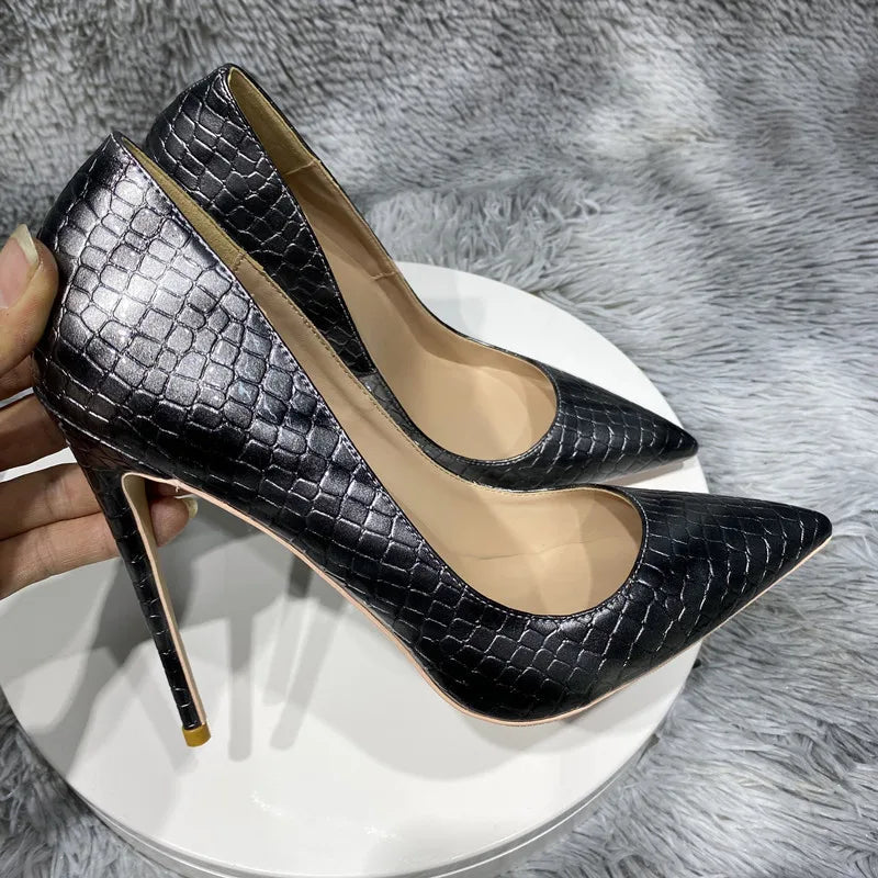 Grey Crocodile Effect Pointy Toe High Heel Party Dress Wedding Shoes for Women