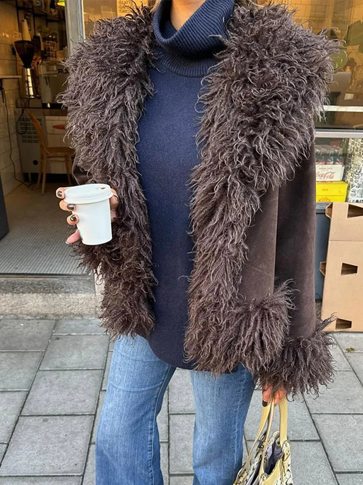 Elegant Coffee Solid Fur Patchwork Cardigan Jacket For Women Fashion Long Sleeve Warm Loose Coats Lady High Streetwear New