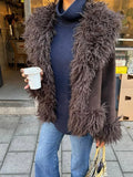 Elegant Coffee Solid Fur Patchwork Cardigan Jacket For Women Fashion Long Sleeve Warm Loose Coats Lady High Streetwear New