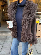 Elegant Coffee Solid Fur Patchwork Cardigan Jacket For Women Fashion Long Sleeve Warm Loose Coats Lady High Streetwear New