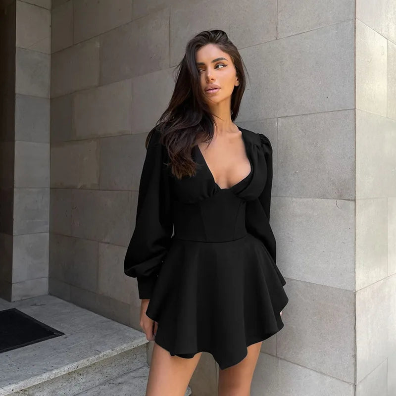 Sexy Low Cut Long Sleeve Pleated Mini Dress Women Elegant Wrap Waist Slim Party Vestido Spring Fall Harajuku Y2K Clothes