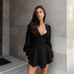 Sexy Low Cut Long Sleeve Pleated Mini Dress Women Elegant Wrap Waist Slim Party Vestido Spring Fall Harajuku Y2K Clothes