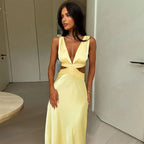 Satin Deep V-Neck Waist Cut Out Flowy Maxi Dress