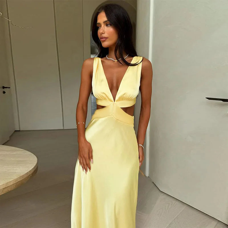 Satin Deep V-Neck Waist Cut Out Flowy Maxi Dress