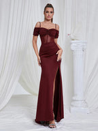 Maricia Burgundy Off Shoulder Mesh Patchwork Gown
