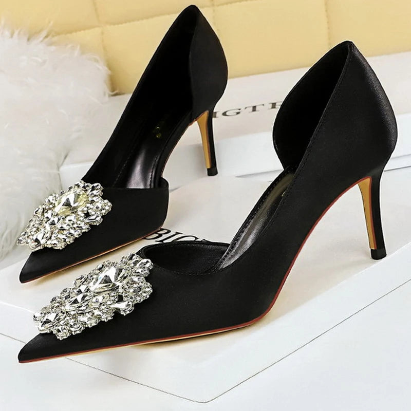 Rhinestone Kitten Heels Elegant Luxurious Banquet Shoes Pointed High Heels for Women