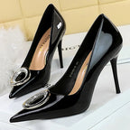 Red Women Pumps with Metal Buckle High Heels Stilettos for Luxury Banquets