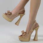 Glitter Sequined Bowknot Peep Toe Gold Sandals with Back Strap