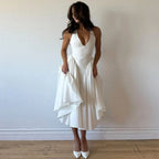 Halter Plunging V-Neck Drop Waist Pleated Fit and Flare Midi Dress