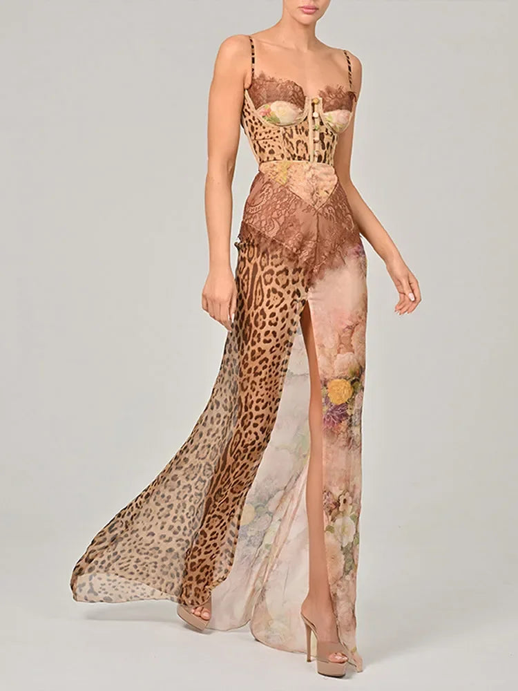 Lace Corset Bustier Patchwork Mesh High Slit Maxi Dress