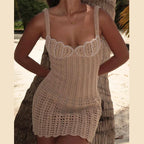 Crochet Sweetheart Neck Scalloped Hem Knit Mini Dress