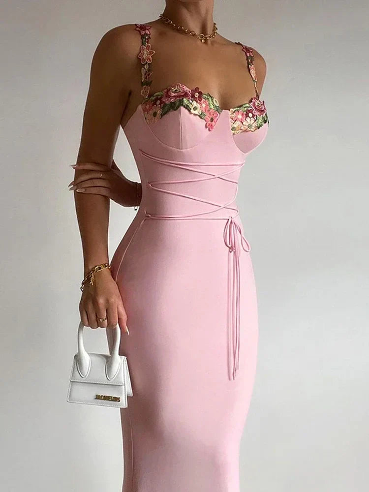 Sweetheart Floral Embroidery Strap Corset Waist Lace-Up Tassel Bodycon Midi Dress