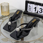 Women's Rhinestone Square Toe Flip Flops with Transparent Thick Heel