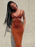 Knit Halter Twist Front Waist Cut Out Maxi Dress