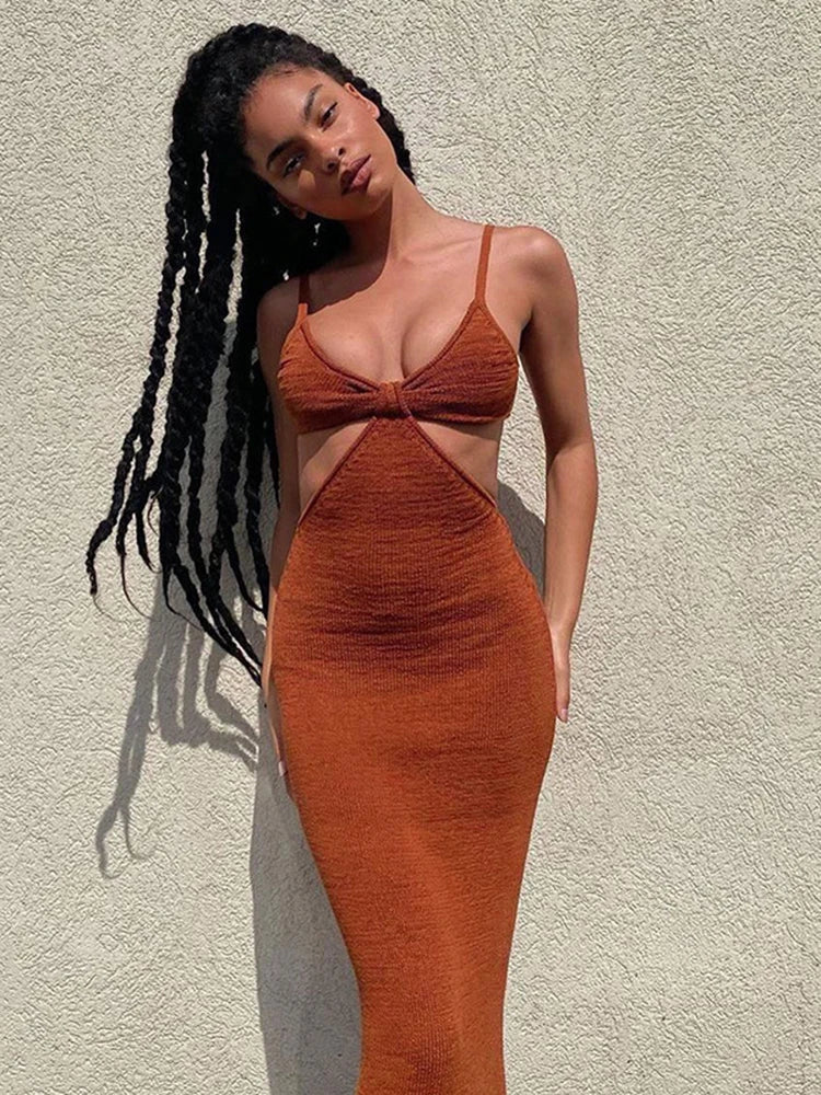 Knit Halter Twist Front Waist Cut Out Maxi Dress