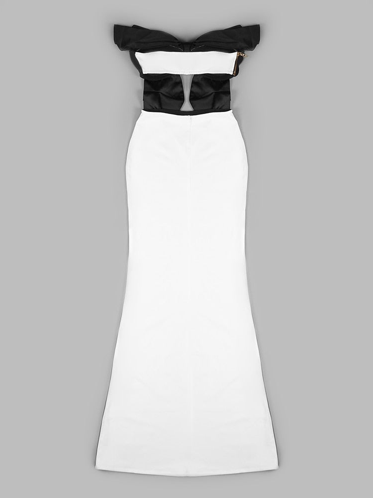 Oversized Bow Strapless Cut Out Mermaid Floor Length Gown With Contrast Train