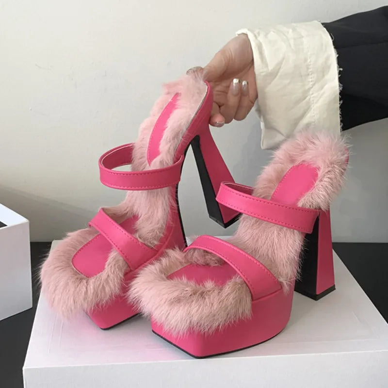 Chunky High Heels Platform Slippers Cozy Short Plush Square Toe Sandals for Summer