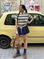 Striped Contrast Short Sleeve T-shirt Women Buttons Turndown Collar Tee Shirt Spring New Streetwear Vintage Chic Top Tees 2025