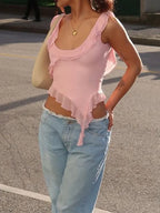 Ruffled Backless O-Neck Crop Top