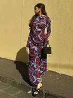 Retro Printed O-neck Holiday Dress Women Elegant Full Sleeve Waist-cinching Long Dresses Female 2025 Summer Chic Street Vestidos
