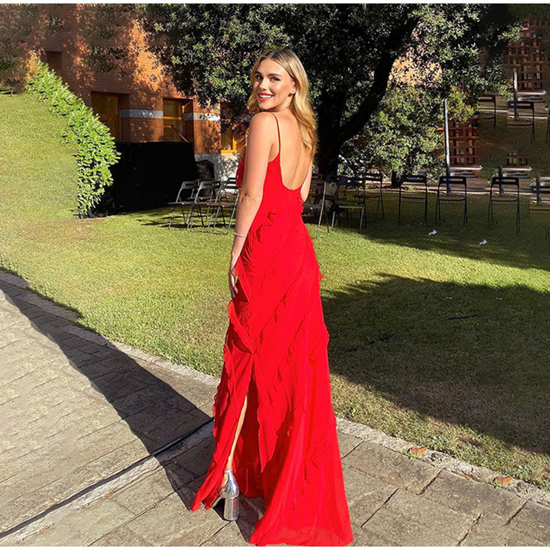 Deep V-Neck Spaghetti Strap Diagonal Tiered Ruffle Maxi Dress