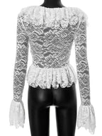 Splice Lace Square Collar See-through Top For Women Fashion Slim Sexy Flare Long Sleeve White T-Shirt Female Pullover New