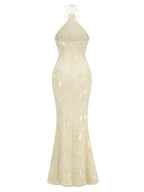 Ysabella Floral Applique Mesh Halter Gown