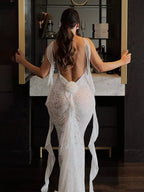 Lace Backless 3D Rosette Ruffle Streamer Midi Dress